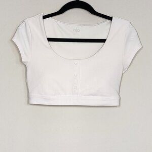 ALO Yoga Blissful Ribbed Henley Crop Top Size M White NWOT